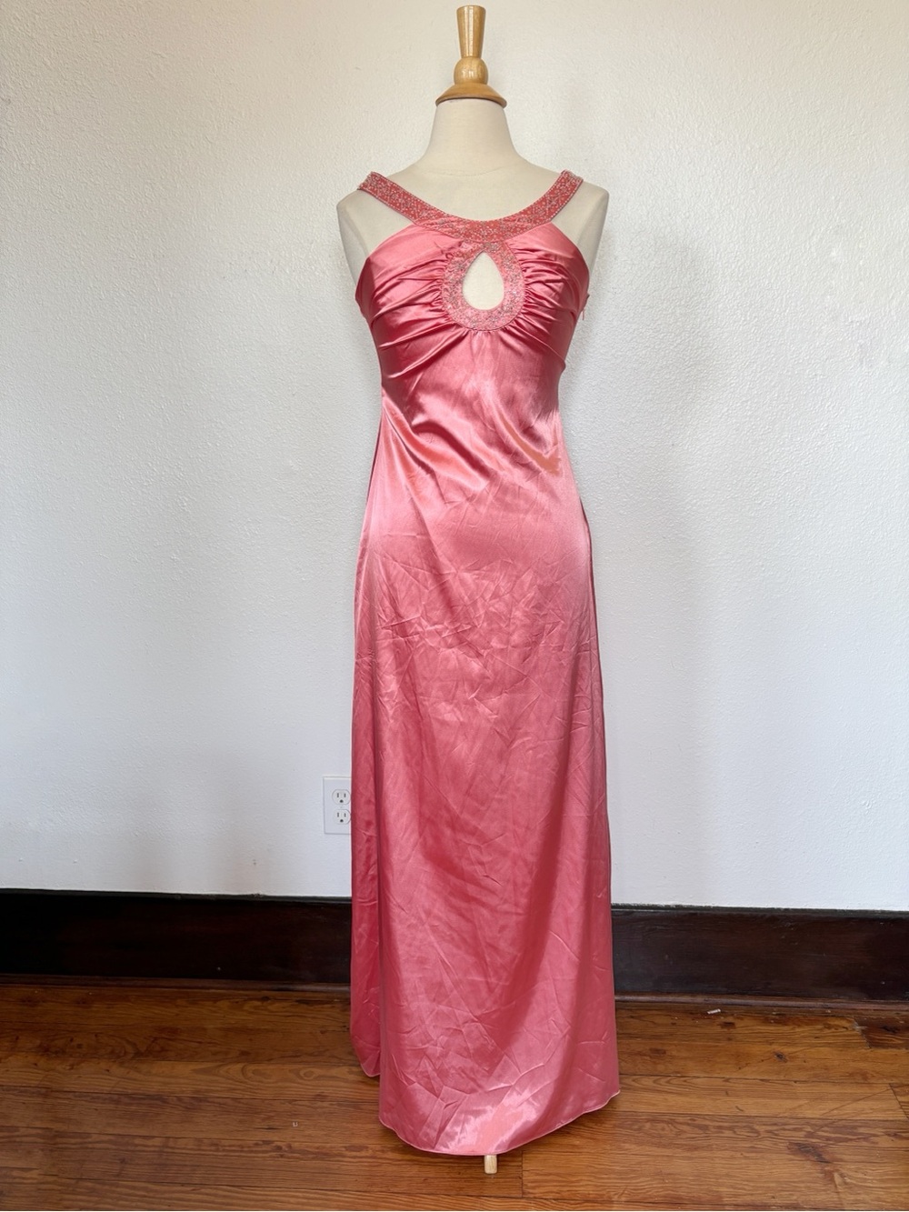 Y2K Pink Satin Beaded Cut Out Open Back Prom Dress
